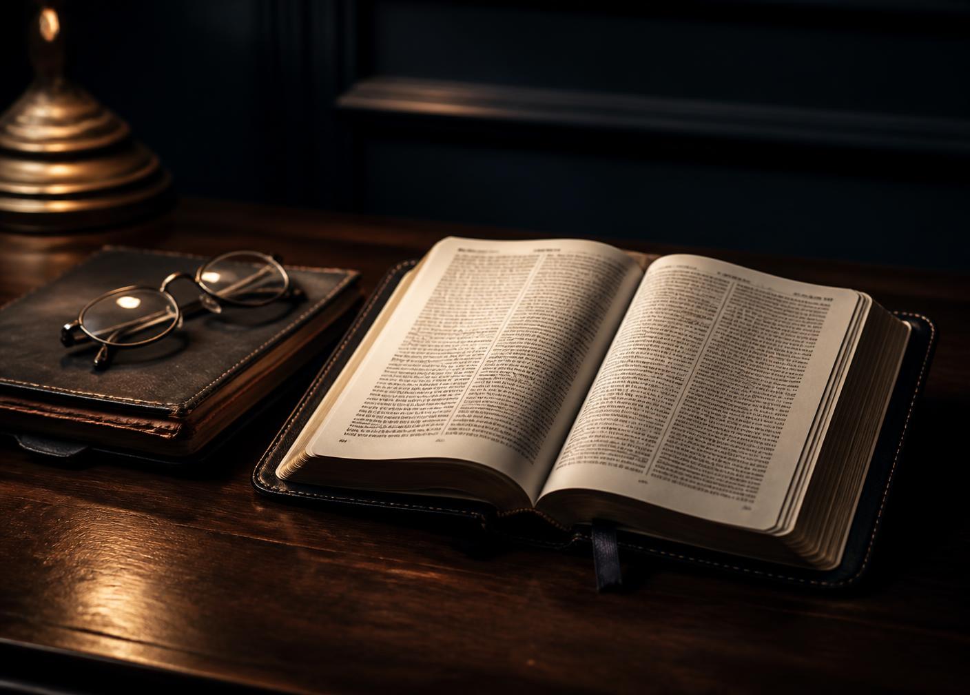 An open Bible and study notebook on a desk